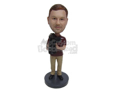 Custom Bobblehead News Reporter Doing Video Work With His Camera Wearing T-Shirt And Pants - Careers & Professionals Reporters Personalized Bobblehead & Cake Topper