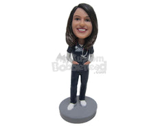 Custom Bobblehead Stylish Female Doctor Wearing A Coat And Jeans With Both Hands In Pocket - Careers & Professionals Medical Doctors Personalized Bobblehead & Cake Topper
