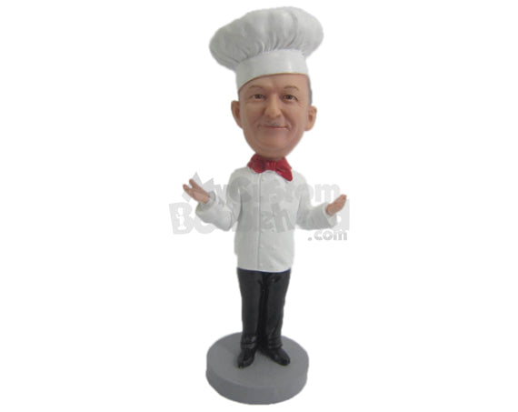 Custom Bobblehead Chef Dude Wearing Bow Tie And Apron Welcoming All - Careers & Professionals Chefs Personalized Bobblehead & Cake Topper