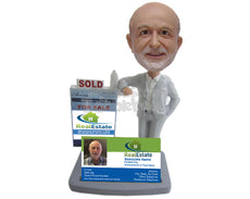 Custom Bobblehead Male Real Estate Agent In Elegant Formal Outfit Showing His Business Card - Careers & Professionals Real Estate Agents Personalized Bobblehead & Cake Topper