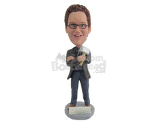 Custom Bobblehead Male Reporter Wearing Suit And Jeans Ready For The Broadcast - Careers & Professionals Reporters Personalized Bobblehead & Cake Topper
