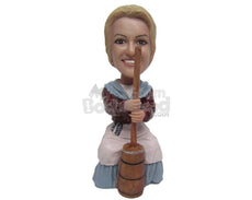 Custom Bobblehead Girl Wearing A Vintage Dress And Cooking The Old-Fashioned Way - Careers & Professionals Casual Females Personalized Bobblehead & Cake Topper