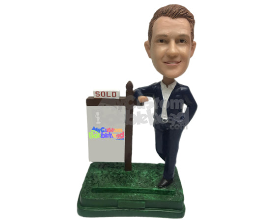 Custom Bobblehead Male Real Estate Agent Wearing A Stylish Suit And Leaning Against The Sign - Careers & Professionals Real Estate Agents Personalized Bobblehead & Cake Topper