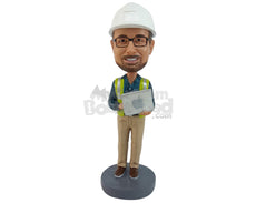 Custom Bobblehead Worker Wearing His Helmet And Jacket - Careers & Professionals Architects & Engineers Personalized Bobblehead & Cake Topper
