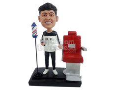 Custom Bobblehead Barber Standing Next to a Stylist Chair prop - Careers & Professionals Barbers & Hairstylists Personalized Bobblehead & Cake Topper