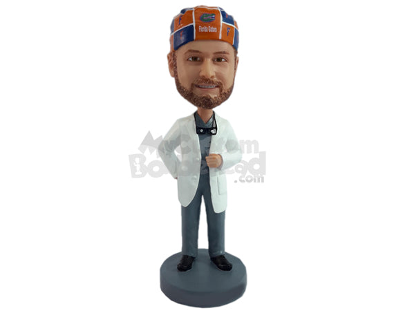 Custom Bobblehead Coold optometrist waring his loop glasses and a lab coat with scrubs undrneath  - Careers & Professionals Optometrists Personalized Bobblehead & Action Figure