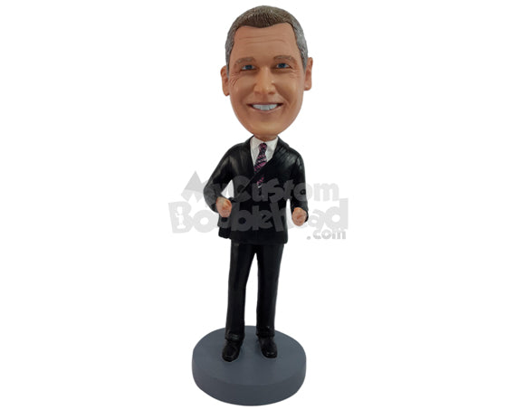 Custom Bobblehead Happy Businessman wearing a suit and wth a male-purse on the side - Careers & Professionals Lawyers Personalized Bobblehead & Action Figure