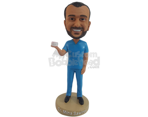 Custom Bobblehead Fine Dentist holding a denture prop on hand - Careers & Professionals Dentists Personalized Bobblehead & Action Figure