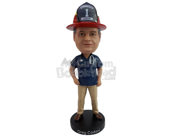 Custom Bobblehead Profesional Firefighter Physician With stethoscope around the neck - Careers & Professionals Firefighters Personalized Bobblehead & Action Figure