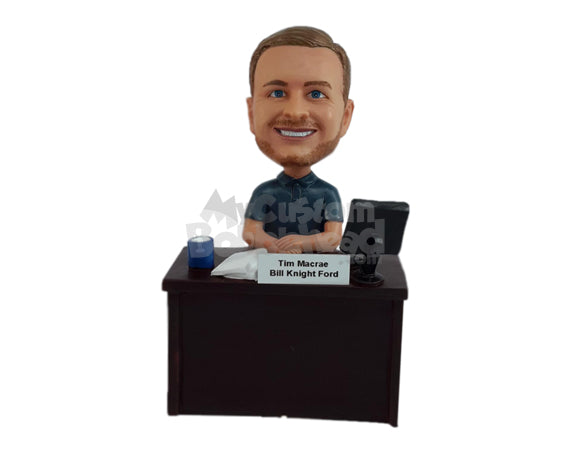 Custom Bobblehead Office assistant wearing a polo shirt sitting with his hot cup of coffee - Careers & Professionals Corporate & Executives Personalized Bobblehead & Action Figure