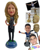 Custom Bobblehead Hard working girl wearing an apron with bothe hands on hips very confident on a world globe base - Careers & Professionals Corporate & Executives Personalized Bobblehead & Action Figure