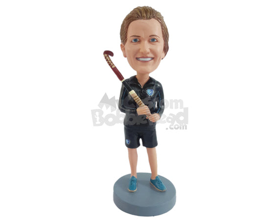 Custom Bobblehead Sporty Field hockey player ready to start day's training - Careers & Professionals Athletes Personalized Bobblehead & Action Figure