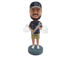 Custom Bobblehead casual looking guys holding a wrench ready to adjustth loose nut - Careers & Professionals Architects & Engineers Personalized Bobblehead & Action Figure