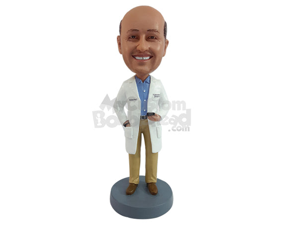 Custom Bobblehead Nicely dressed doctor checking his dayly appointments on his cellphone ith one hand inside coat's pocket - Careers & Professionals Medical Doctors Personalized Bobblehead & Action Figure