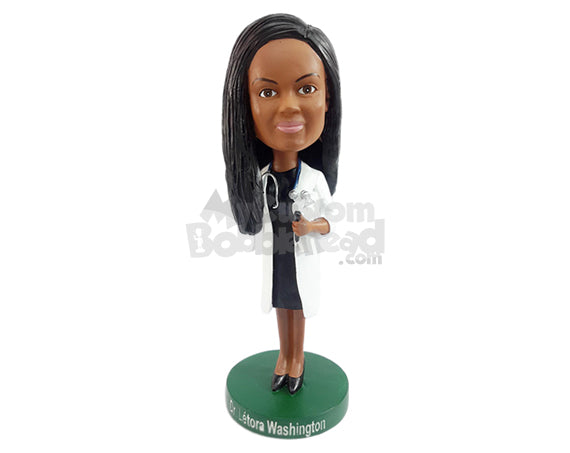 Custom Bobblehead Nice young doctor wearing nice dress and lab coat with a medical tool at hand - Careers & Professionals Medical Doctors Personalized Bobblehead & Action Figure