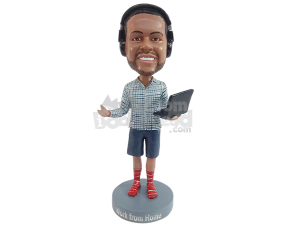 Custom Bobblehead Home working dude wearing nice shirt, shorts and socks with a computer at hand - Careers & Professionals Corporate & Executives Personalized Bobblehead & Action Figure