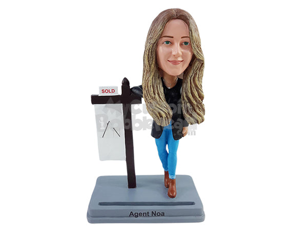 Custom Bobblehead Stylish Realtor female agent wearing nice clothe with businesscard holder on the base - Careers & Professionals Real Estate Agents Personalized Bobblehead & Action Figure