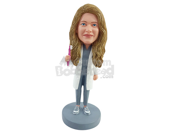 Custom Bobblehead Young dentist doctor showing how properly brush your teeth with the tooth brush, wearing scrubs and tennis shoes - Careers & Professionals Chiropractors Personalized Bobblehead & Action Figure