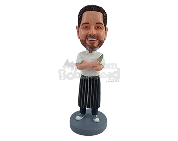 Custom Bobblehead Professional cook chef with hands crossed holding a knife and wearing an apron and casual shoes - Careers & Professionals Chefs Personalized Bobblehead & Action Figure