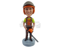Custom Bobblehead Lumber dude wearing safety vest and holding a chainsaw  - Careers & Professionals Architects & Engineers Personalized Bobblehead & Action Figure