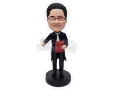 Custom Bobblehead Lawyer holding a book givving thumbs up, wearing a long coat and tie - Careers & Professionals Lawyers Personalized Bobblehead & Action Figure