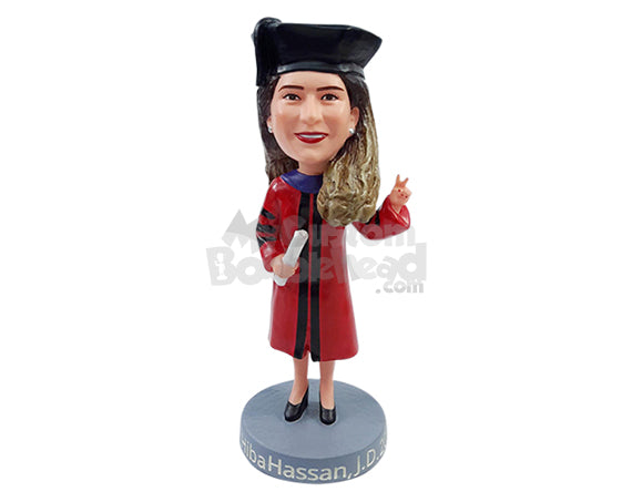 Custom Bobblehead Important graduate student showing a peace sign and holding a diploma on the other hand - Careers & Professionals Graduates Personalized Bobblehead & Action Figure