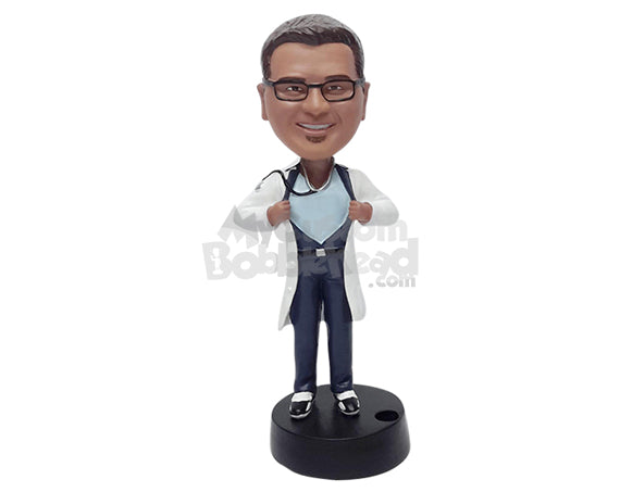 Custom Bobblehead Super male doctor ripping his scrubs uniform wearing some cool shoes with a pen holder on the base - Careers & Professionals Medical Doctors Personalized Bobblehead & Action Figure