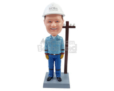 Custom Bobblehead Electric Engineer  wearing uniform ready to go up the electic pole - Careers & Professionals Architects & Engineers Personalized Bobblehead & Action Figure