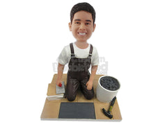 Custom Bobblehead Working Dude Placing A Tile And Wearing Long Suspenders - Careers & Professionals Architects & Engineers Personalized Bobblehead & Cake Topper
