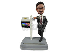 Custom Bobblehead Male Real Estate Agent In Trendy Suit Standing By Sign - Careers & Professionals Real Estate Agents Personalized Bobblehead & Cake Topper