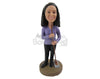 Custom Bobblehead Housewife Wearing A Long-Sleeved Top Cleaning With A Broom In Hand - Careers & Professionals Casual Females Personalized Bobblehead & Cake Topper