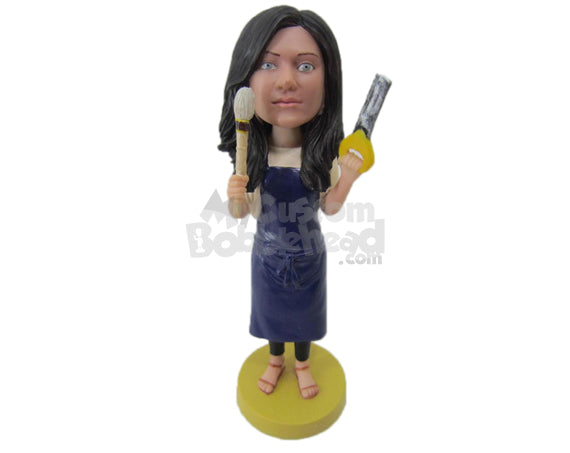 Custom Bobblehead Housewife Wearing Suspenders And Doing The Cleaning Work - Careers & Professionals Casual Females Personalized Bobblehead & Cake Topper