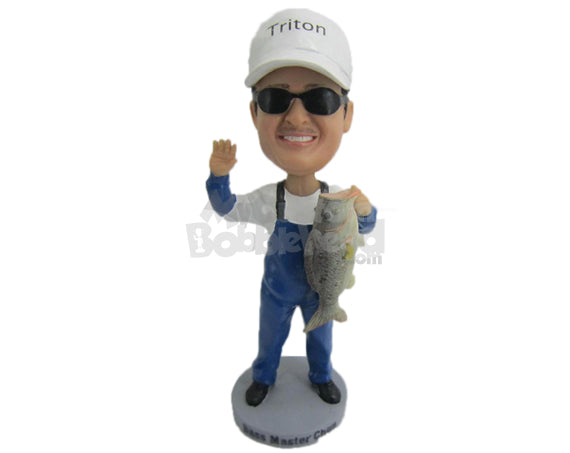 Custom Bobblehead Fisherman Wearing A Long Suspenders Caught A Big One - Sports & Hobbies Fishing Personalized Bobblehead & Cake Topper