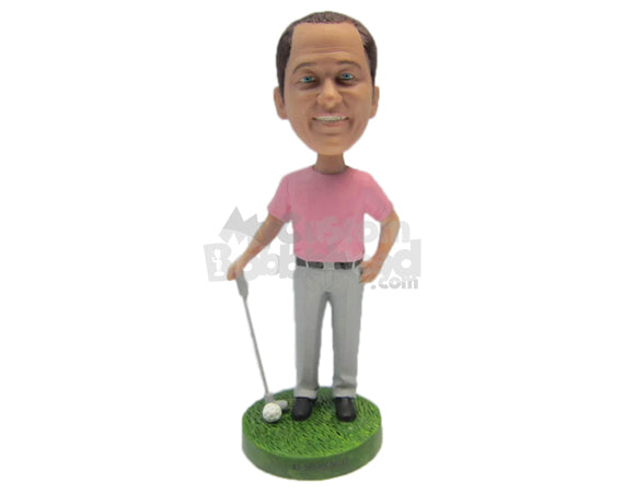 Custom Bobblehead Male Golfer Wearing Casual Attire Posing With Golf Stick And Ball - Sports & Hobbies Golfing Personalized Bobblehead & Cake Topper