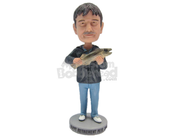 Custom Bobblehead Cool Fisherman Dude Wearing A Jacket And Jeans With Fish Catch In Hand - Sports & Hobbies Fishing Personalized Bobblehead & Cake Topper