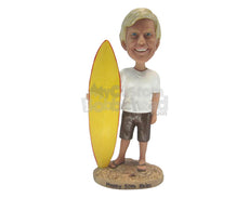 Custom Bobblehead Sexy Male Surfer Wearing T-Shirt And Shorts With Surfing Board In Hand - Sports & Hobbies Surfing & Water Sports Personalized Bobblehead & Cake Topper