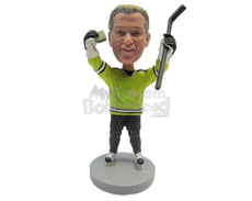 Custom Bobblehead Male Ice Hockey Player Delighted With The Result Celebrating With Both Hands In The Air - Sports & Hobbies Ice & Field Hockey Personalized Bobblehead & Cake Topper