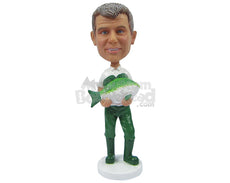 Custom Bobblehead Happy Fisherman Showing His Catch - Sports & Hobbies Fishing Personalized Bobblehead & Cake Topper