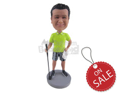 Custom Bobblehead Attractive Golfer Dude Wearing T-Shirt And Shorts And Posing With Golf Club - Sports & Hobbies Golfing Personalized Bobblehead & Cake Topper