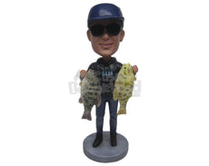 Custom Bobblehead Cool Dude Wearing Sweatshirts And Jeans Posing With 2 Fish In Hand - Sports & Hobbies Fishing Personalized Bobblehead & Cake Topper