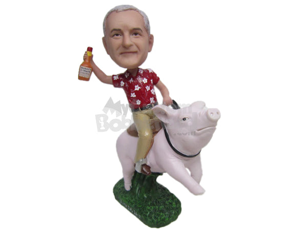 Custom Bobblehead Cool Dude In Casual Attire Riding A Pig - Sports & Hobbies Hunting & Outdoors Personalized Bobblehead & Cake Topper