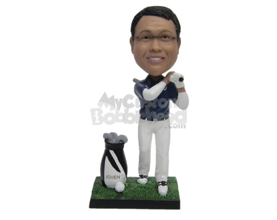 Custom Bobblehead Cool Golfer In Long-Sleeves Making A Good Connection With His Swing - Sports & Hobbies Golfing Personalized Bobblehead & Cake Topper