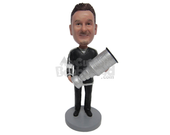 Custom Bobblehead Ice Hockey Fan Holding Stanley Championship Cup In Hand - Sports & Hobbies Car Racing Personalized Bobblehead & Cake Topper