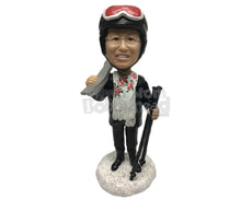 Custom Bobblehead Snow Skier Female In Full Snow Gear Ready To Go Down The Hill - Sports & Hobbies Skiing & Skating Personalized Bobblehead & Cake Topper