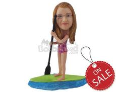 Custom Bobblehead Young Sexy Girl Paddle Boarding On The Lake - Sports & Hobbies Surfing & Water Sports Personalized Bobblehead & Cake Topper