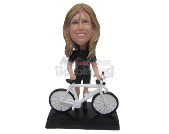 Custom Bobblehead Female Cyclist With A Mountain Bike - Sports & Hobbies Cycling Personalized Bobblehead & Cake Topper