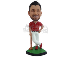 Custom Bobblehead Cricket Player Leaning On His Bat With Crossed Legs And A Smile - Sports & Hobbies Baseball & Softball Personalized Bobblehead & Cake Topper