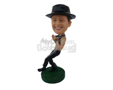 Custom Bobblehead Dancer Wearing Cowboy Hat While Holding His Tie - Sports & Hobbies Dancing Personalized Bobblehead & Cake Topper