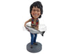 Custom Bobblehead Happy lady catching a nice big fish wearing a vest - Sports & Hobbies Fishing Personalized Bobblehead & Action Figure