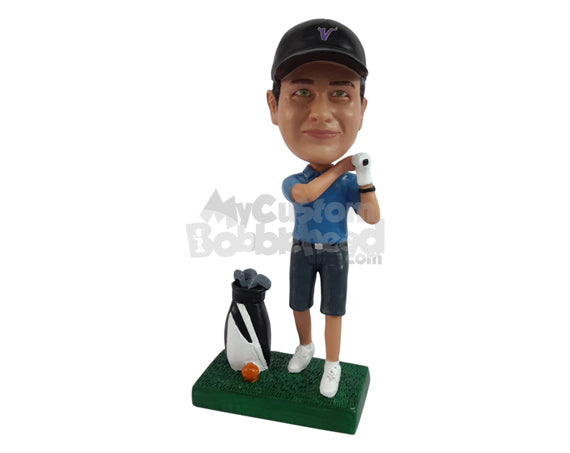 Custom Bobblehead young golfer watching how he hits the hole in one wearing a polo shirt and shorts - Sports & Hobbies Golfing Personalized Bobblehead & Action Figure